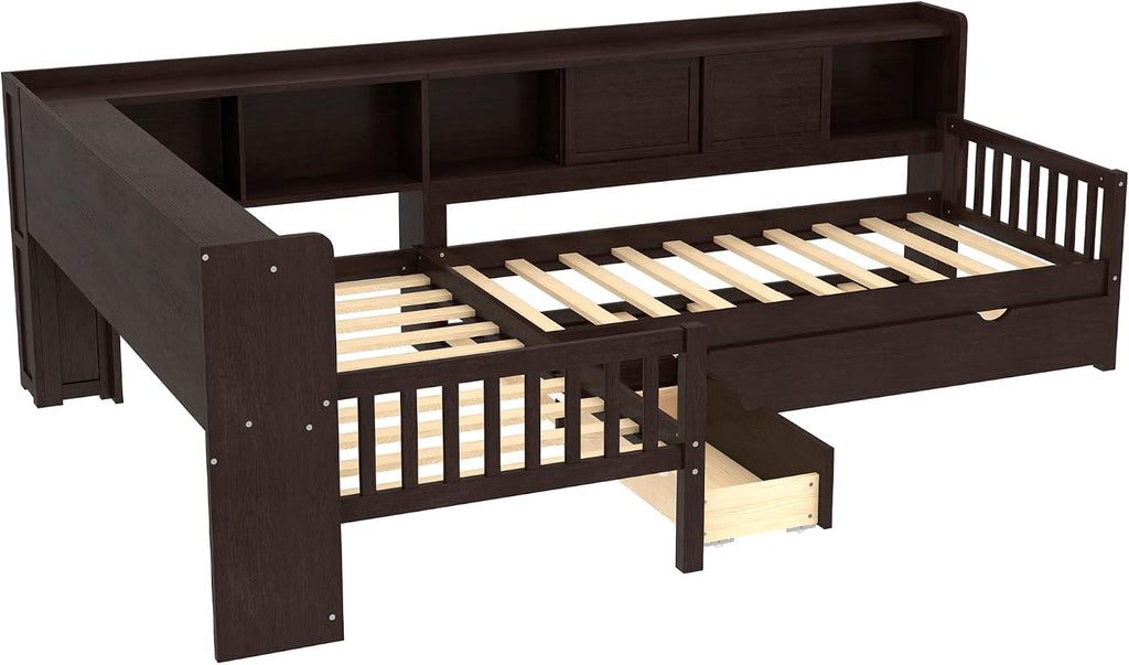 SOFTSEA Twin Size L-Shaped Platform Bed with Trundle & Drawer, Solid Wood Corner Daybed Frame with Bookcase Headboard for 3 Kids Teens, No Spring Box Needed, Espresso