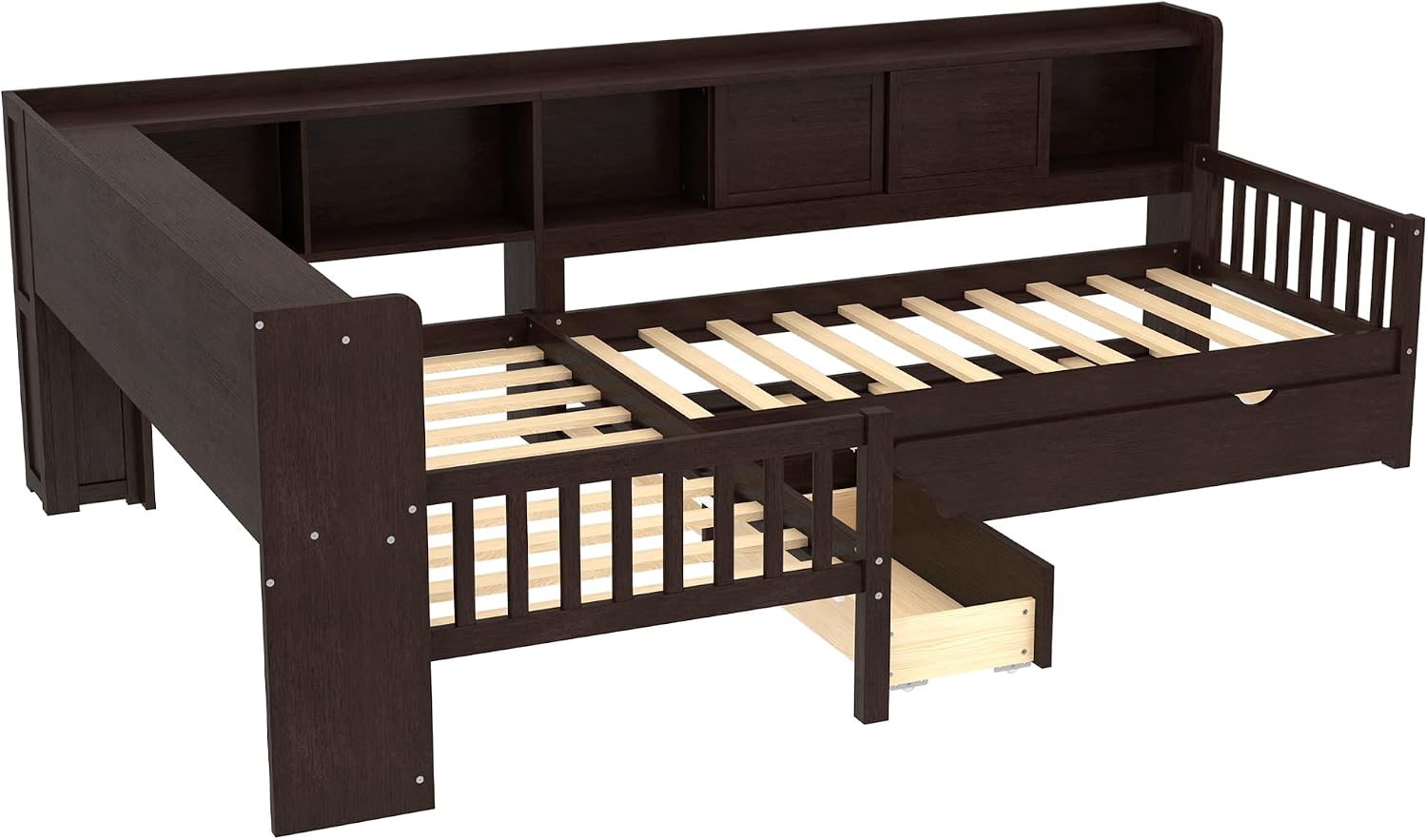 SOFTSEA Twin Size L-Shaped Platform Bed with Trundle & Drawer, Solid Wood Corner Daybed Frame with Bookcase Headboard for 3 Kids Teens, No Spring Box Needed, Espresso