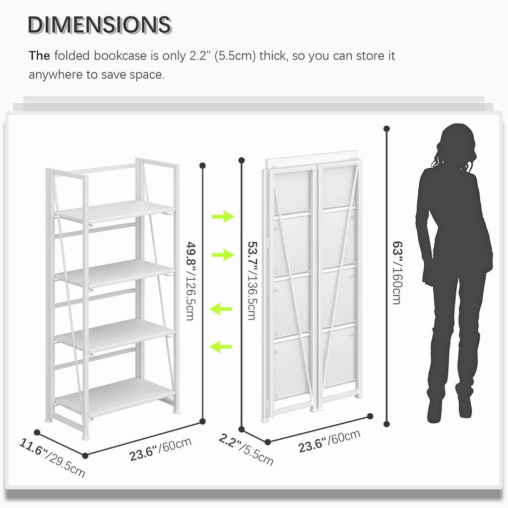4NM No Assembly Folding Bookshelf Storage Shelves 4 Tiers Vintage Bookcase Standing Racks Study Organizer Home Office (All White)