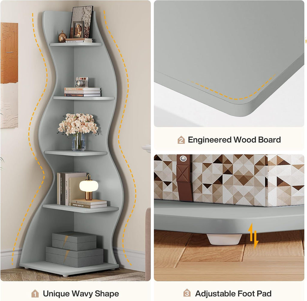 Tribesigns Wavy Corner Shelf Set of 2, Modern 5-Tier Bookshelf Etagere Bookcase with Curvy Shape, Unique Plant Stand Display Shelf for Living Room Small Space (Blue)