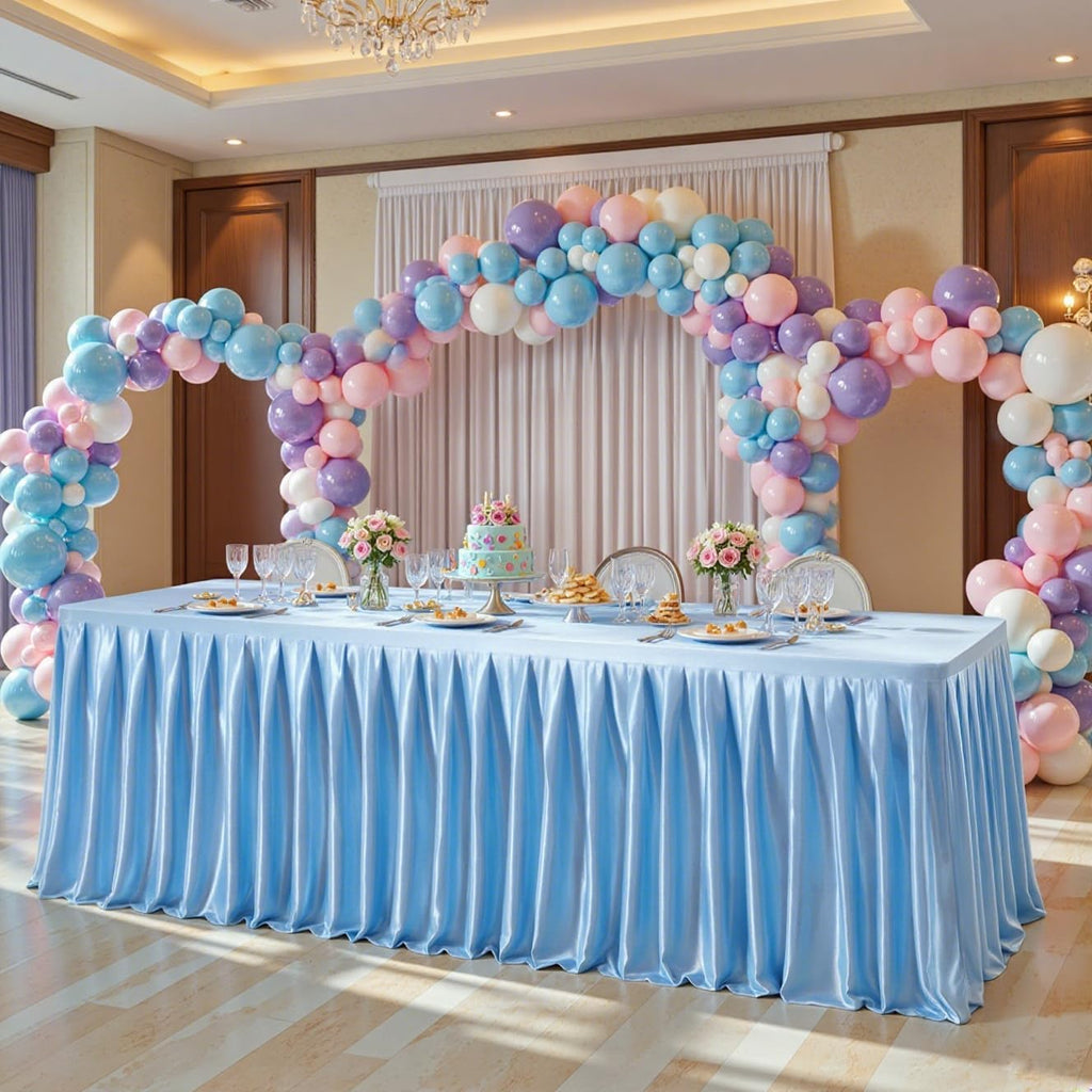 4 Pack 6FT Blue Satin Tablecloths for Rectangle Tables - Shiny Spandex Party Table Cover with Pleated Table Skirt, No-Wrinkle & Glossy Wedding Tablecloth One-Piece for Birthday Baby Shower Banquet