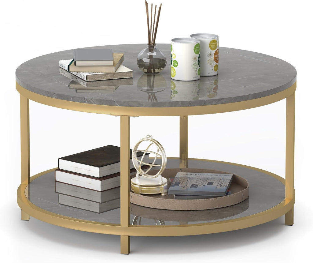 WiberWi Round Coffee Table 33.5' Coffee Tables for Living Room High Glossy Faux Marble Top Modern Circle Table Sturdy Gold Metal Frame Legs Cocktail Table with Storage Open Shelf