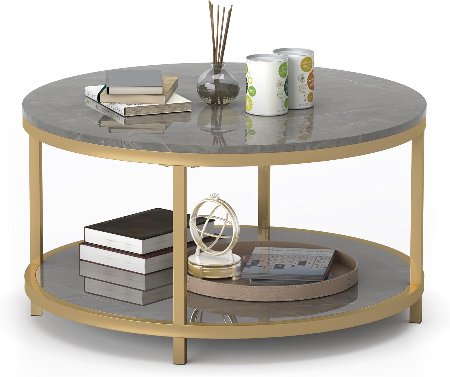 WiberWi Round Coffee Table 33.5' Coffee Tables for Living Room High Glossy Faux Marble Top Modern Circle Table Sturdy Gold Metal Frame Legs Cocktail Table with Storage Open Shelf