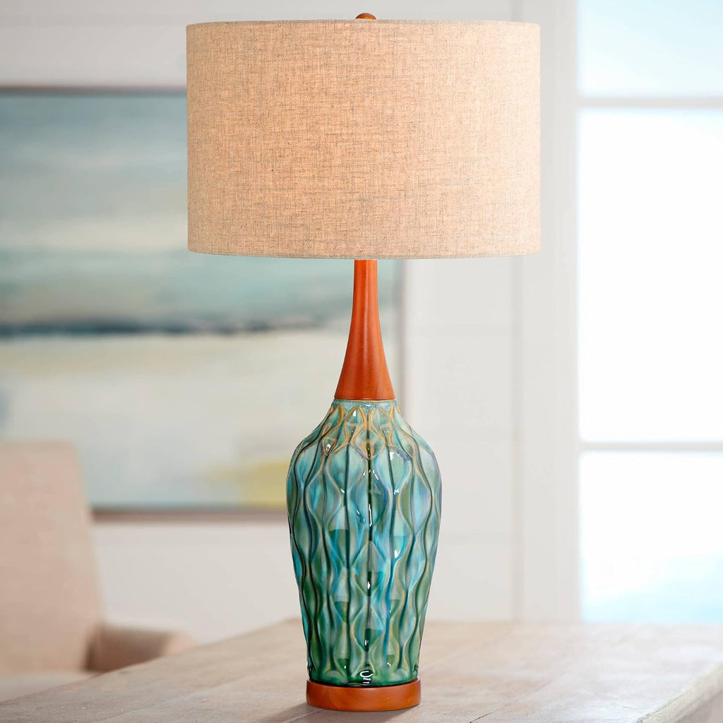 360 Lighting Rocco Mid Century Modern Table Lamps 30' Tall Set of 2 Blue Teal Glaze Ceramic Cherry Wood Tan Fabric Drum Shade for Cottage Core Bedroom Living Room Bedside Nightstand House Home