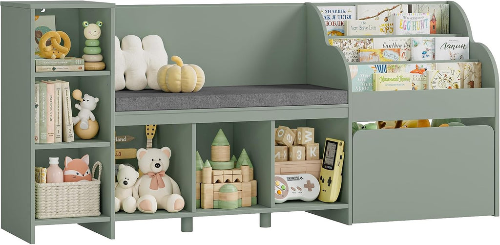 HOSTACK 67' W Kids Reading Nook with Toy Storage Organizer, Large Kids Bookshelf with Toy Storage Box on Wheels, Big Kid Bookcase with Bench and 6 Open Cubbies for Playroom, Kid Room, Green