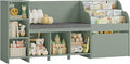 HOSTACK 67' W Kids Reading Nook with Toy Storage Organizer, Large Kids Bookshelf with Toy Storage Box on Wheels, Big Kid Bookcase with Bench and 6 Open Cubbies for Playroom, Kid Room, Green