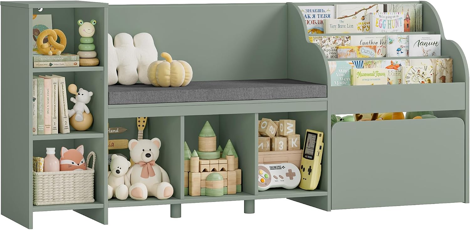 HOSTACK 67' W Kids Reading Nook with Toy Storage Organizer, Large Kids Bookshelf with Toy Storage Box on Wheels, Big Kid Bookcase with Bench and 6 Open Cubbies for Playroom, Kid Room, Green
