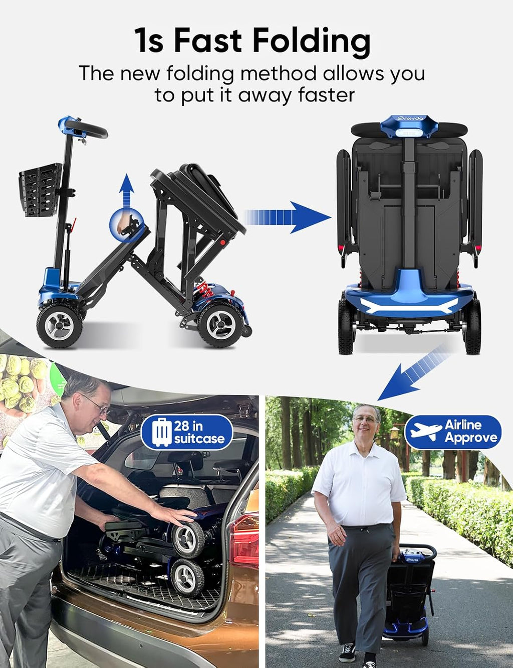 Folding Mobility Scooters for Seniors & Adults - 37.5lbs Lightweight Portable Travel Electric Scooter, Airport & Cruise Approved, All Terrain 4-Wheel Motorized Scooter, 275 lbs Capacity, Blue