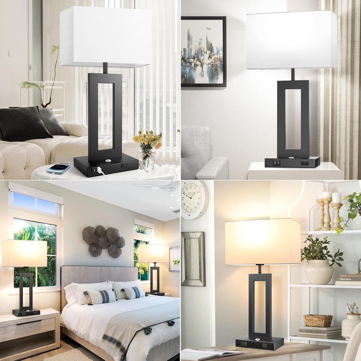 27.2'' Tall Black Table Lamps for Living Room Bedroom, Bedside Touch Control Lamps with 2 USB Ports&AC Outlet, 3 Color Temp.&Stepless Dimming Desk Lamp Sets for Home Office, Pre-assembled White Shade