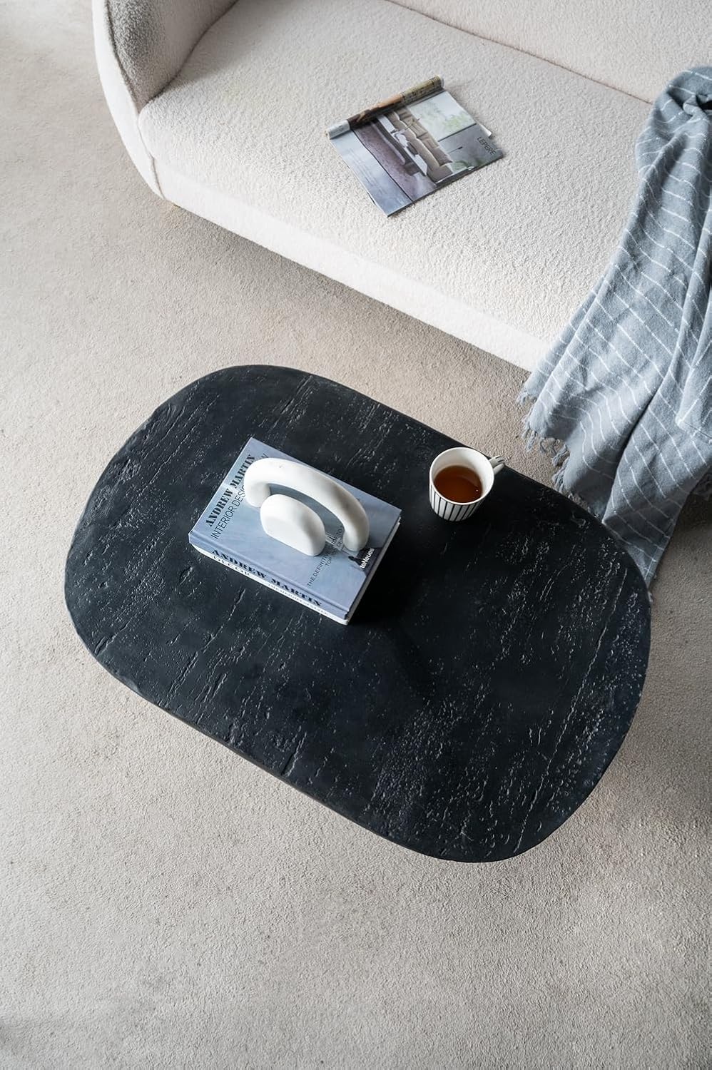 Oval Coffee Table, 36'x24' Black Cement Modern Center Tables Side Table Accent End Table for Living Room