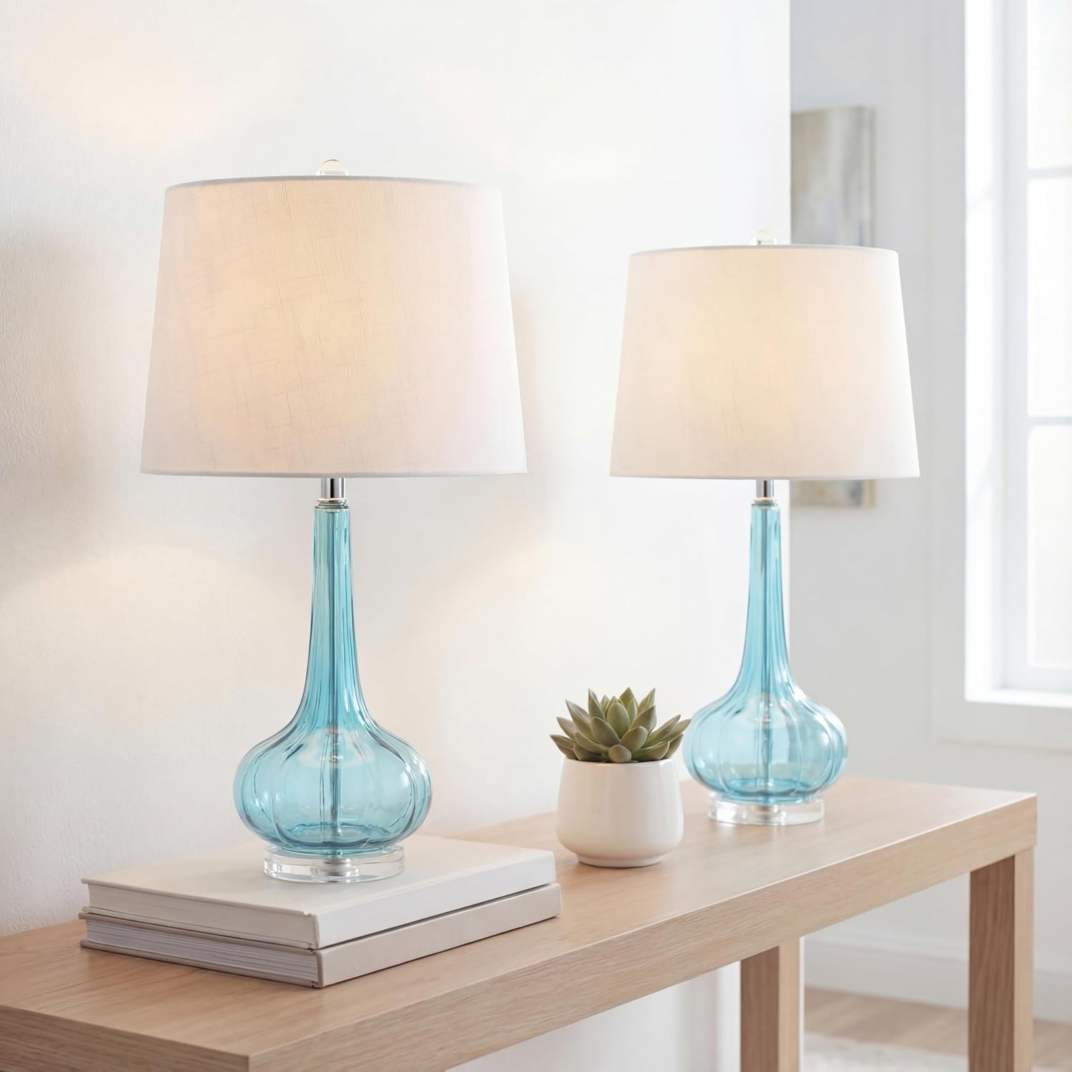 JONATHAN Y 28.5' Aqua Glass Teardrop LED Table Lamp Set of 2 for Living Room Bedroom Nightstand, White Linen Shade Modern Transitional Bedside Desk Lamp (JYL1079B-SET2)