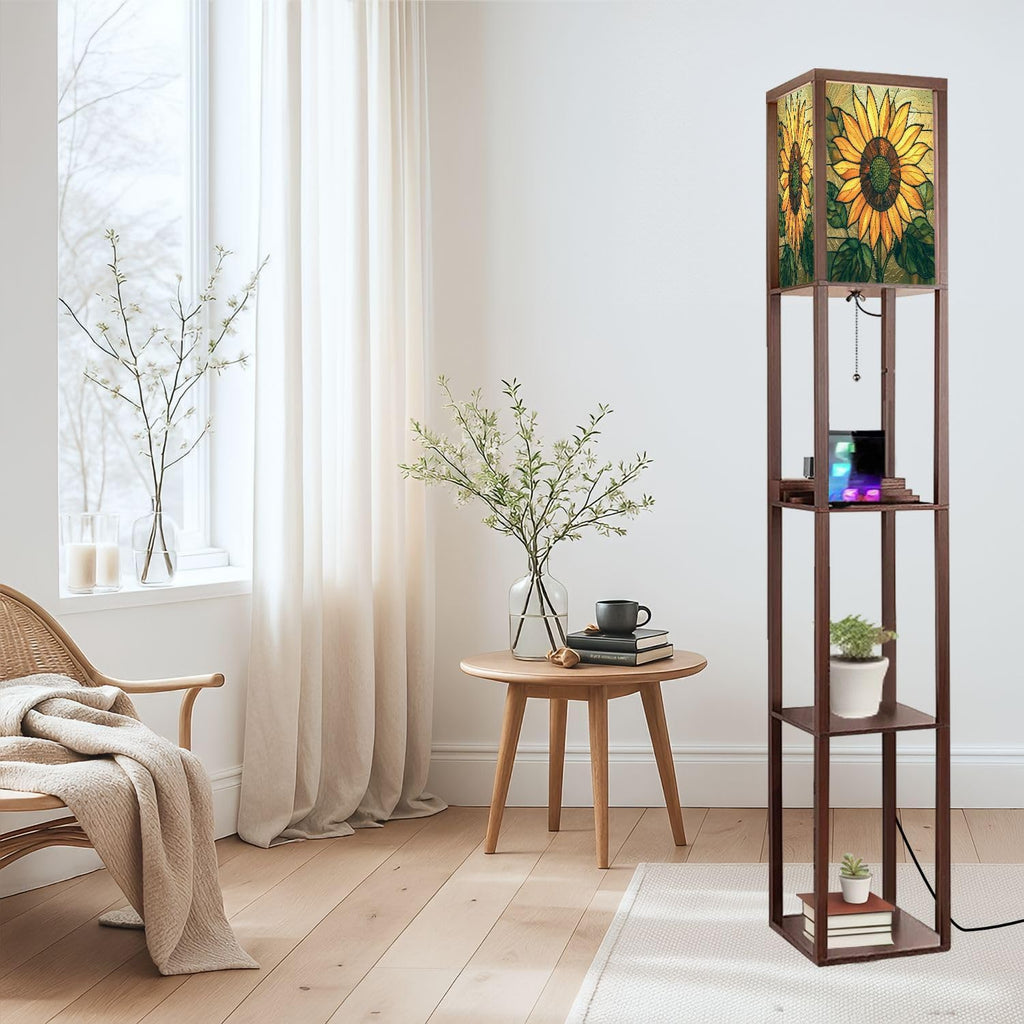 Floor Lamp with Shelves Sunflower Stained Glass Decoration Vibrant Window Art Standing Tall Lamp USB Ports & Power Outlet Modern Corner Lamp Nightstand Light for Living Room Bedroom