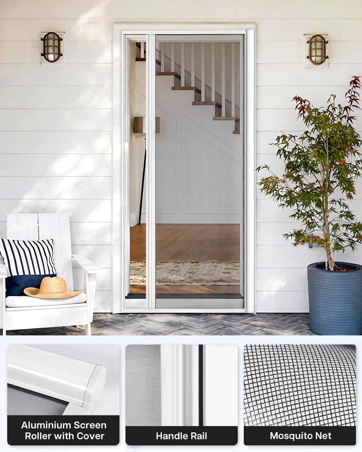 Paramondo Retractable Screen for Single Doors - Self-Stop Sliding Patio Screen with Aluminum Frame & Fiberglass Mesh, White, Size 34 5/8' W x 81 3/8' H