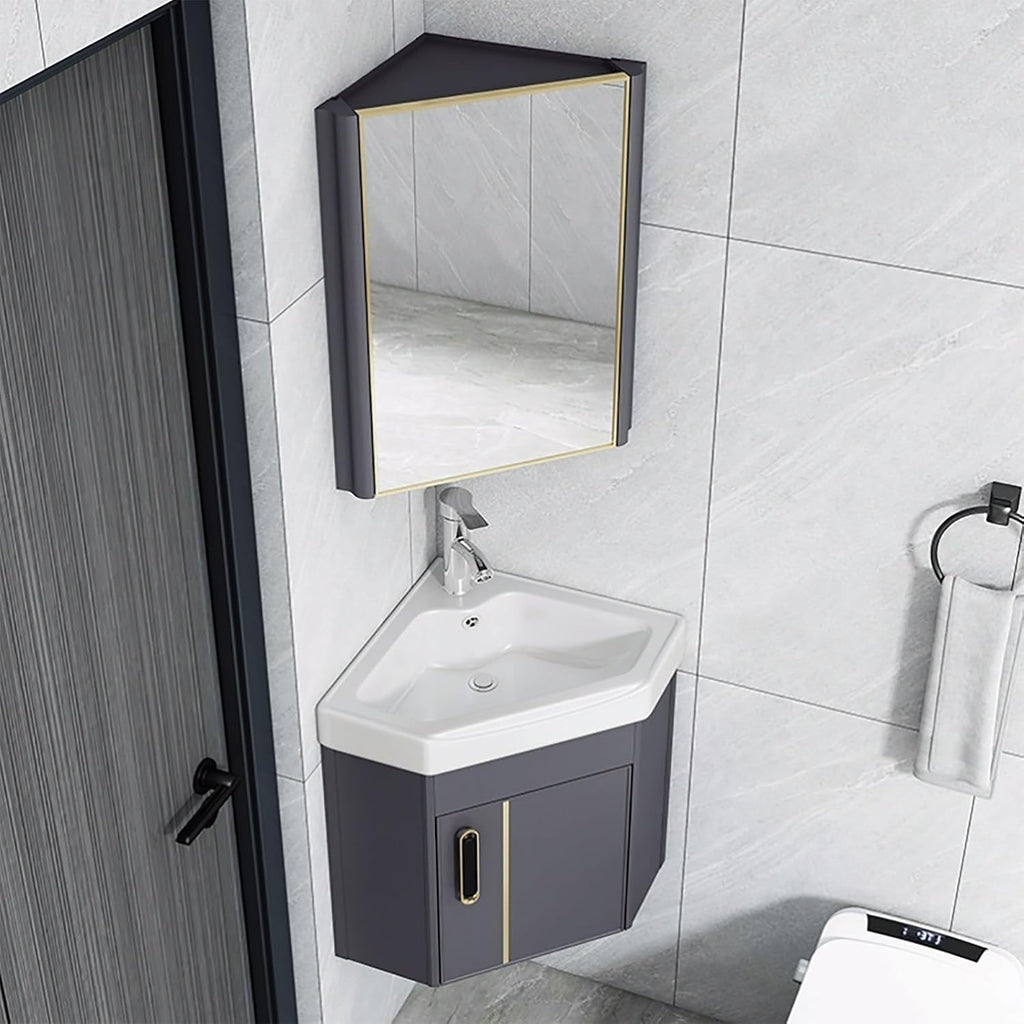 Corner Ceramic Sink Bathroom Vanity Cabinet Corner Wall Mount Bathroom Sink Wall Mounted Bathroom Sink Bathroom Sink with Storage Container Cabinet with Mirror(Gray,16.5in/42cm)