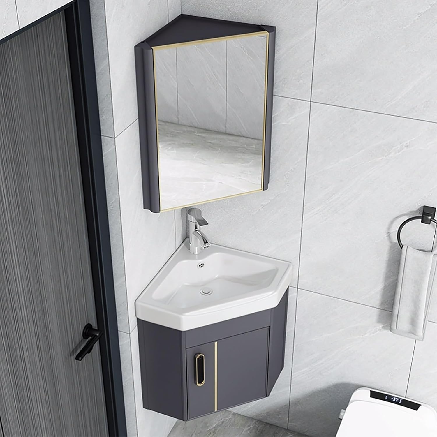 Corner Ceramic Sink Bathroom Vanity Cabinet Corner Wall Mount Bathroom Sink Wall Mounted Bathroom Sink Bathroom Sink with Storage Container Cabinet with Mirror(Gray,16.5in/42cm)