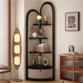5 Tier Corner Shelf with Pulley, Rattan Bookshelf, Standing Shelf Organizer with Storage Basket, Minimalist Corner Display for Living Room, Bedroom, Office(Black)