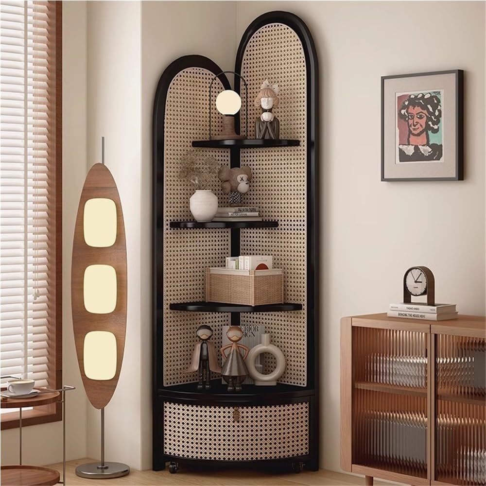 5 Tier Corner Shelf with Pulley, Rattan Bookshelf, Standing Shelf Organizer with Storage Basket, Minimalist Corner Display for Living Room, Bedroom, Office(Black)