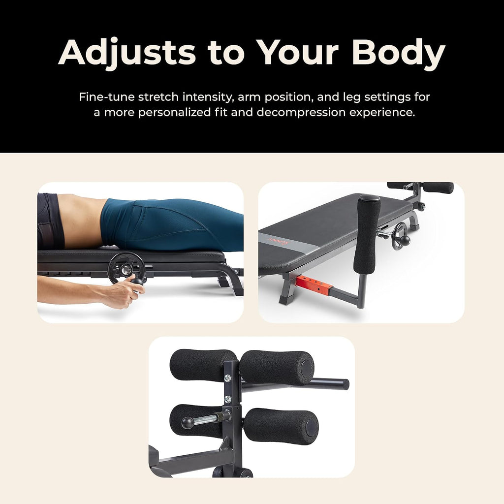 Sunny Health & Fitness No-Hang Traction & Inversion Decompression Table for Back Pain Relief, Adjustable Stretch Bench, 400 LB Capacity