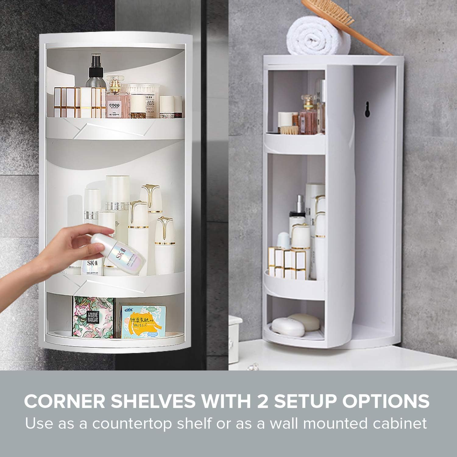 Bathroom Storage Corner Vanity Cabinet 24'x8.75'x8.75' Space Saver Rotating Organizer - 2-Tiered Storage Cabinet Countertop Storage or Wall Shelf - White Corner Shelf - Hidden Storage Rack