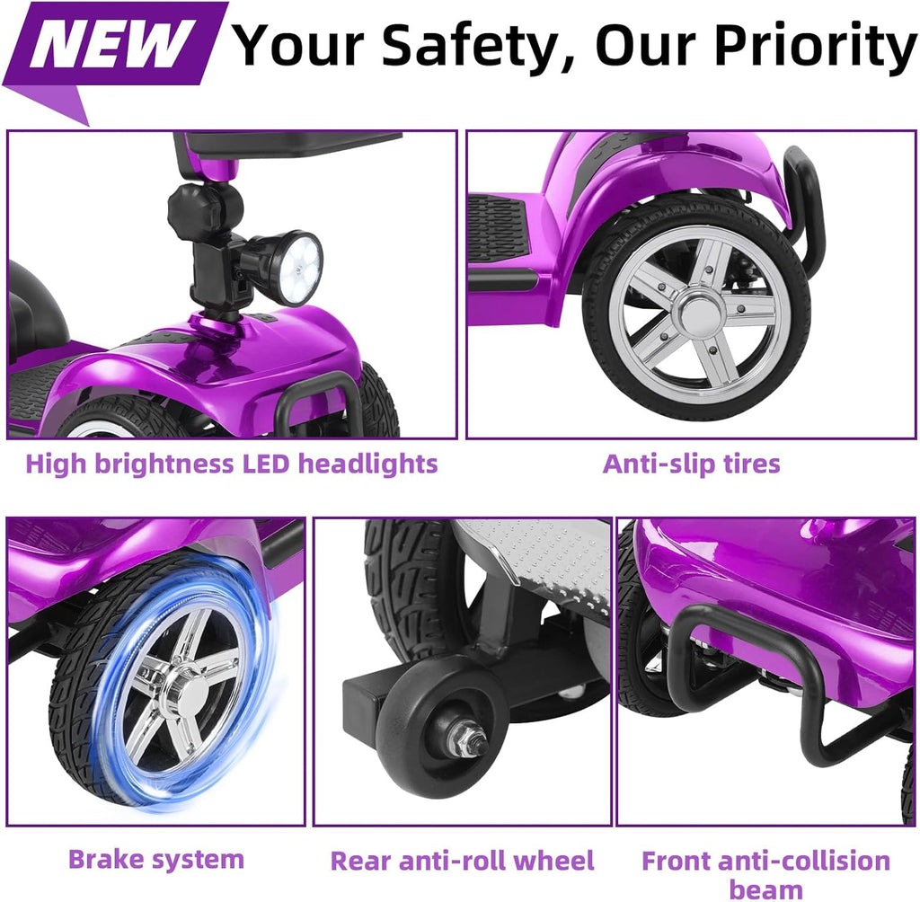 20 Miles 4 Wheels Mobility Scooter for Seniors/Adults Up to 300LBS,350W Electric Wheelchair Detachable Lithium Battery,Dual Baskets,Rotating Seat,with Taillight, USB Charging, Purple