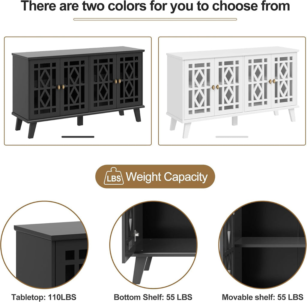 Scurrty 52' Buffet Cabinet with Storage,Sideboard with 4 Doors, Skeletonized Coffee Bar with Storage, Sideboard Cabinet for Dinning Room, Kitchen & Living Room (Black)