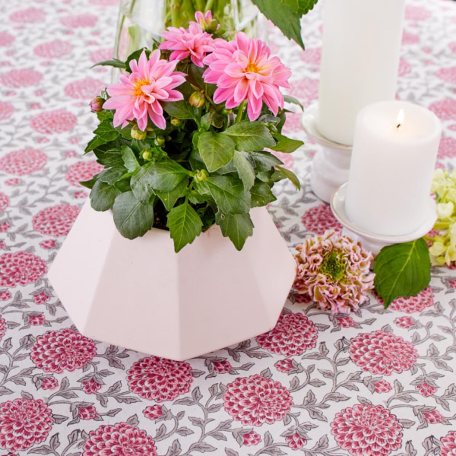 Saffron Marigold Round Hand Block Printed Tablecloth - Pink Dahlia Daydreams Luxurious 100% Cotton, Washable, for Home Decor, Kitchen, Coffee Or Dining Table 70 Inch