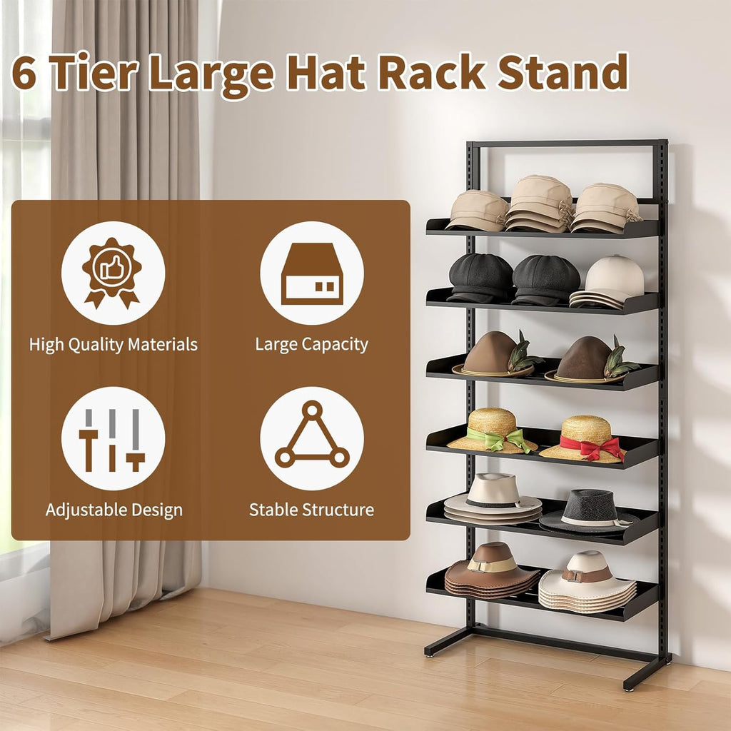 6 Tier Large Hat Rack Stand, Adjustable Baseball Cap Storage Rack with 6 Plate Tray, Heavy-Duty Metal Hat Display Stand for 180 Baseball Hat, Home and Commercial Use