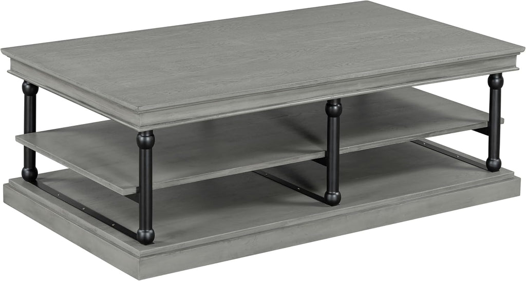 Christopher Knight Home Oner Living Room Coffee Table with Spacious 2-Tier Design, Modern Rubberwood Rectangular Side Table, Multifunctional Accent Table with Open Storage Shelves, Black + Gray