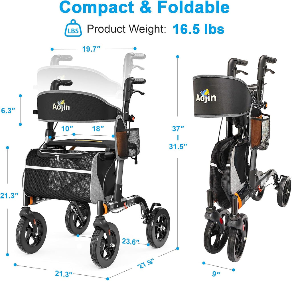 Walkers for Seniors, Rollator Walker with Seat, 350 lb Weight Capacity, 18' Big Seat, 8' All-Terrain Wheels, 6-Level Adjustable Height, Lightweight Aluminum Frame Rollator Walkers for Seniors (Gray)
