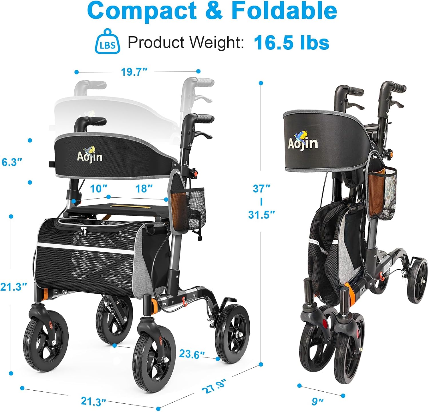 Walkers for Seniors, Rollator Walker with Seat, 350 lb Weight Capacity, 18' Big Seat, 8' All-Terrain Wheels, 6-Level Adjustable Height, Lightweight Aluminum Frame Rollator Walkers for Seniors (Gray)