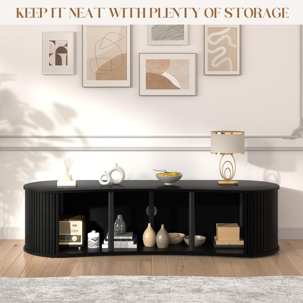 TV Stand and Coffee Table Set of 3, Living Room Table Set Fluted End Table & Coffee Table & 59' Low TV Stand with Sliding Doors for Living Room, Bedroom, No Screws Ultra Fast Assembly, Black