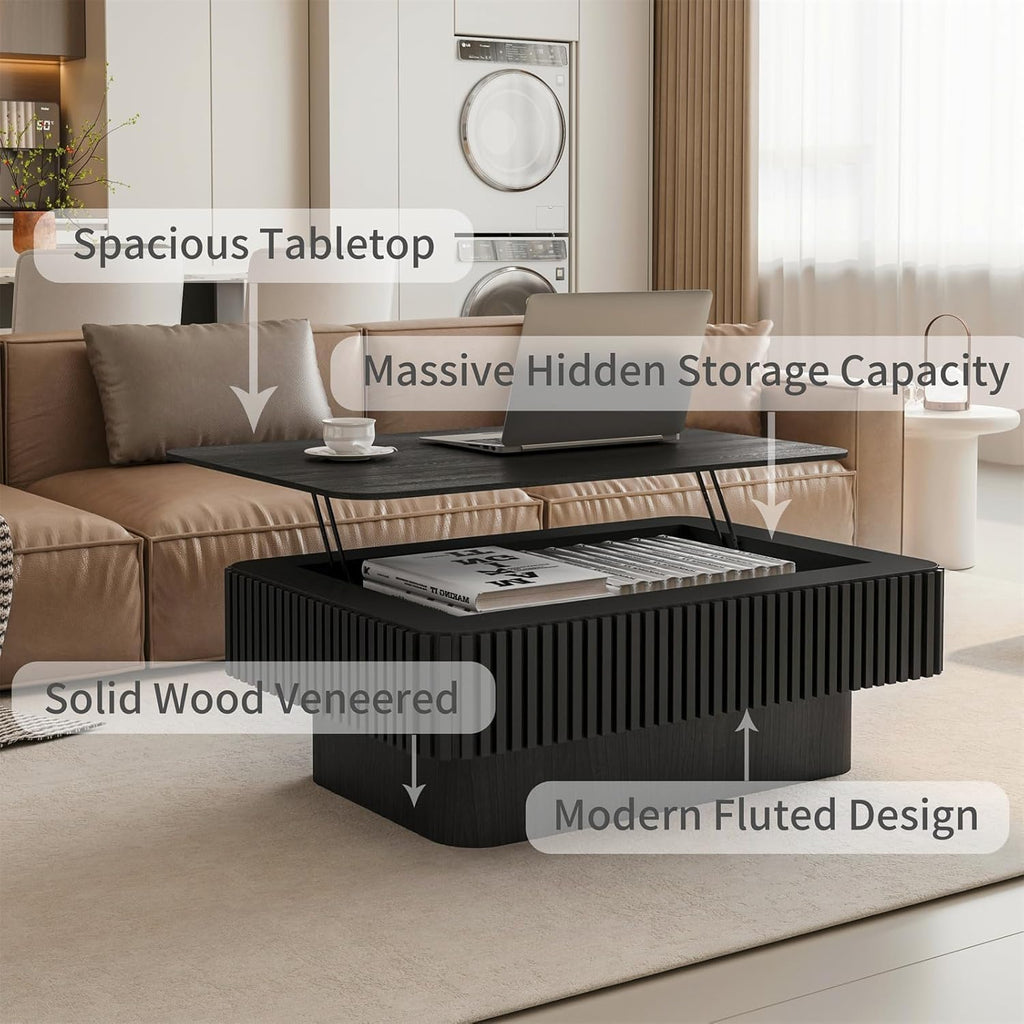 LKTART Lift Top Coffee Table for Living Room, Mid Century Modern Coffee Table with Hidden Storage, Solid Wood Veneered Rectangle Center Tea Table for Small Space Apartment (38.6''L×14''H-Black)