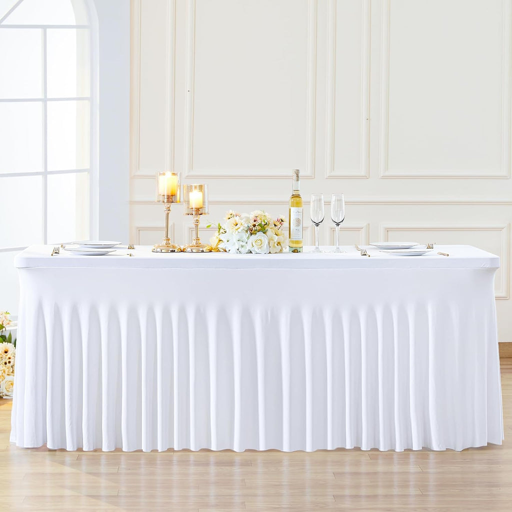 Besutolife 8 Pack White Spandex Tablecloth for 6ft Rectangle Tables Fitted Table Cloth Stretch Table Covers Skirt 6ft Rectangular Tablecloths for Banquet Parties Wedding Decorations