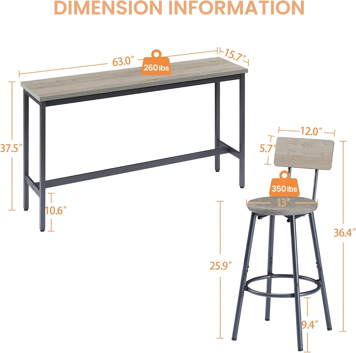 Elevon Long Bar Table Set with 3 PU Upholstered Bar Stools, Dining Table and Chair Sets, Industrial Tall Coffee Table and Back Chair for Kitchen, Living Room, Party Room, Small Space, Pub, Gray