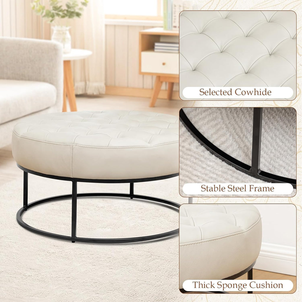 Modern Genuine Leather Round Coffee Table, 30'' Farmhouse Ottoman for Living Room, Large Vintage Genuine Leather Coffee Tables with Upholstered Padded Seat Beige