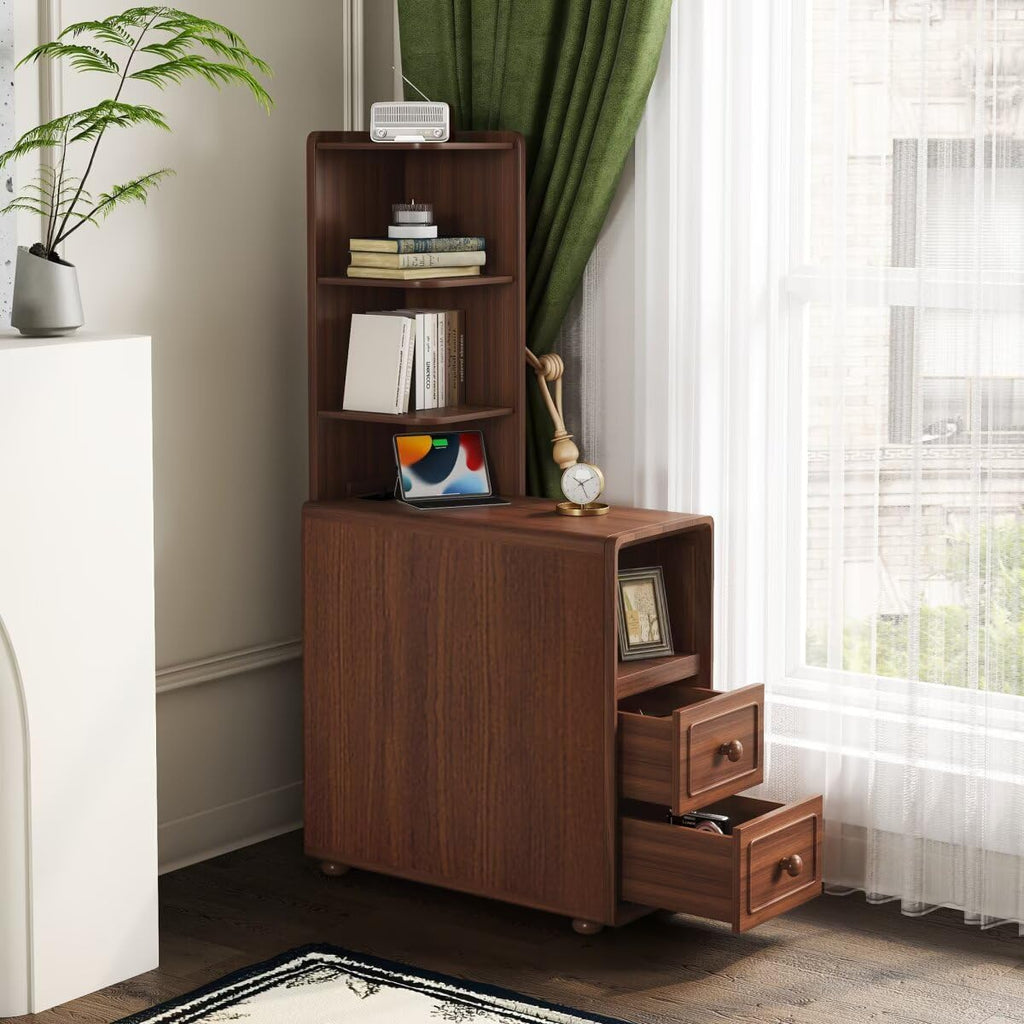 JIJIWANG Tall End Table with Drawers, 47.2' Corner Shelf Table with Open Storage, Narrow Side Table for Bedroom Living Room Small Space, Walnut