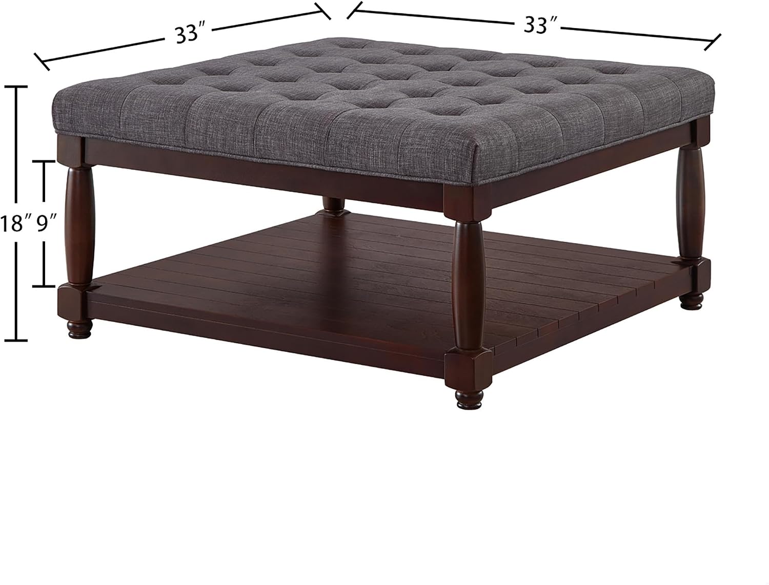GDFStudio Large Square Upholstered Tufted Linen Ottoman Coffee Table with Solid Wood Frame and Open Storage Shelf, Nailhead Trim Accent Footrest for Living Room, Dark Gray