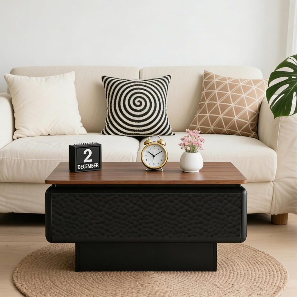 SSLine Lift-Top Coffee Table with Storage, 31.5' Square Coffee Table for Living Room Bedroom, Modern Rustic Lift Brown Wooden Top Center Tables with Hammered Texture Black Frame