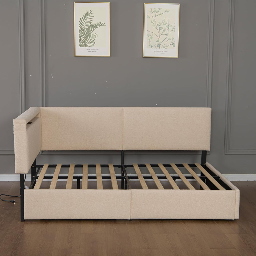 Full Size Boucle Corner Day Bed Frame with Upholstered Headboard, L-Shaped Daybed with USB Ports, Storage Drawers and Tufted Back, No Box Spring Needed, for Bedroom, Livingroom, Beige