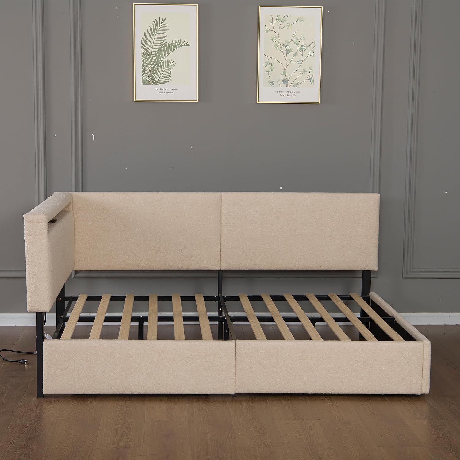 Full Size Boucle Corner Day Bed Frame with Upholstered Headboard, L-Shaped Daybed with USB Ports, Storage Drawers and Tufted Back, No Box Spring Needed, for Bedroom, Livingroom, Beige