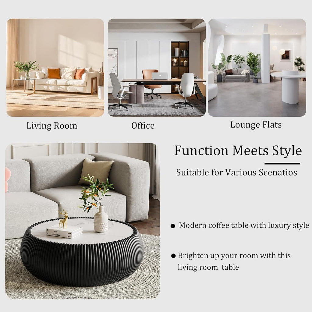 Black Round Coffee Table with Sintered Stone Tabletop, 27.55' Drum Coffee Table with Fluted PU Leather Covered and Stable Base, Circle Cocktail Tea Table for Living Room