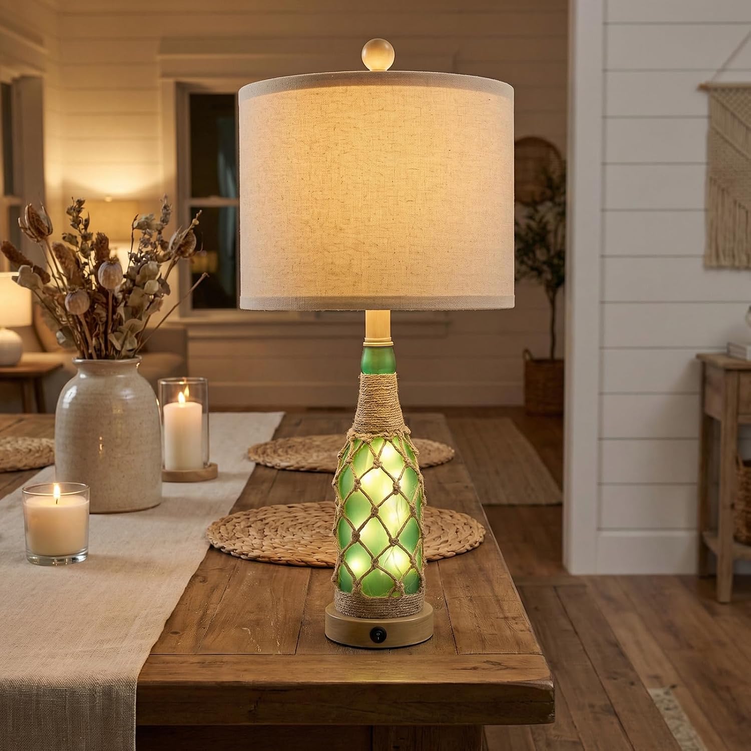 OYEARS 23'' Boho Table Lamps with Night Light for Living Room, Bedside Lamps Set of 2 with A+C Charging Ports for Bedroom, Farmhouse USB Lamps for Nightstand Console, Glass Bottle Rope Base, Green