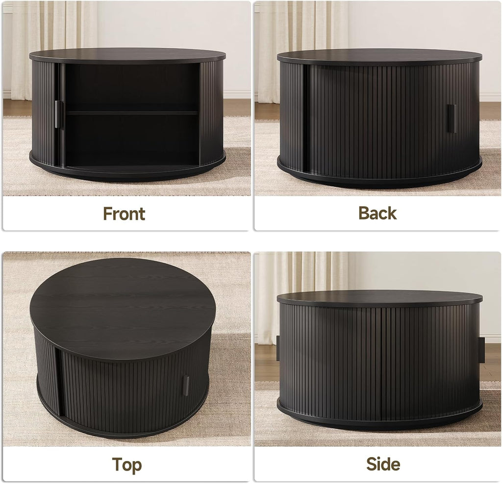 ONBRILL Round Coffee Table with Storage, 31.5' Mid Century Modern Center Table with Sliding Door & Dual Hidden Storage, Fluted Accent Coffee Table for Living Room, Small Space, Black