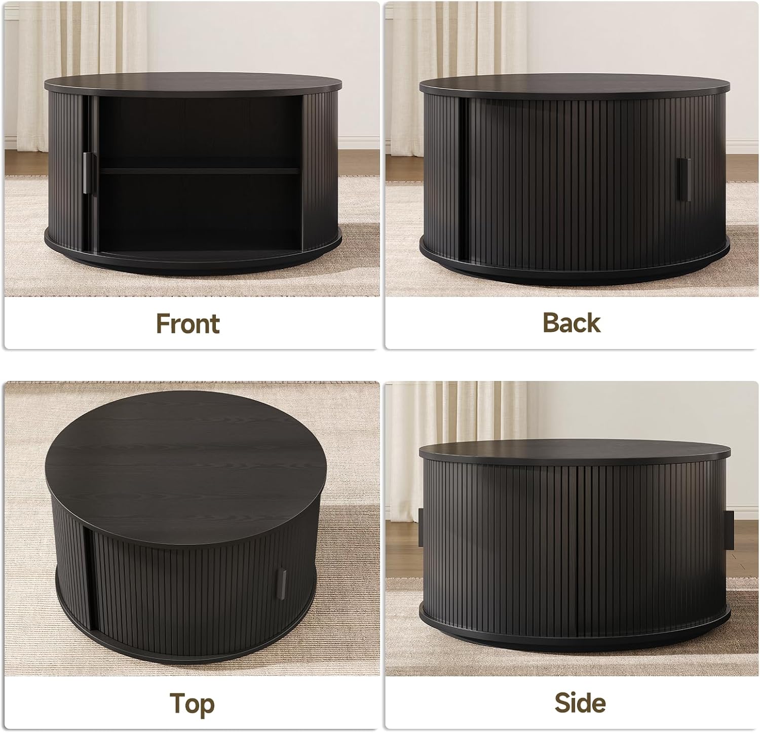ONBRILL Round Coffee Table with Storage, 31.5' Mid Century Modern Center Table with Sliding Door & Dual Hidden Storage, Fluted Accent Coffee Table for Living Room, Small Space, Black