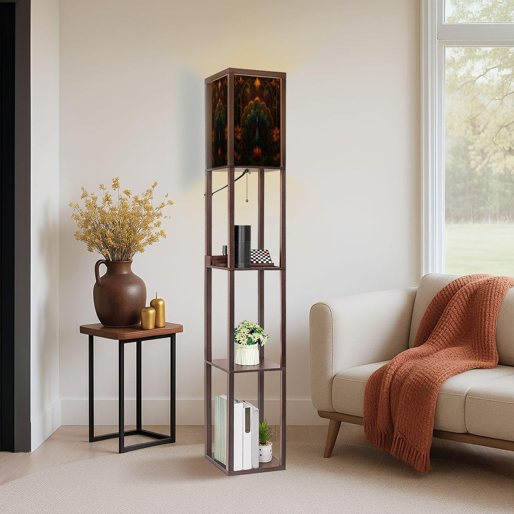 Floor Lamp with Shelves Asymmetrical Peacock Stained Glass Art Geometric Feather Design Standing Tall Lamp USB Ports & Power Outlet Modern Corner Lamp Nightstand Light for Living Room Bedroom