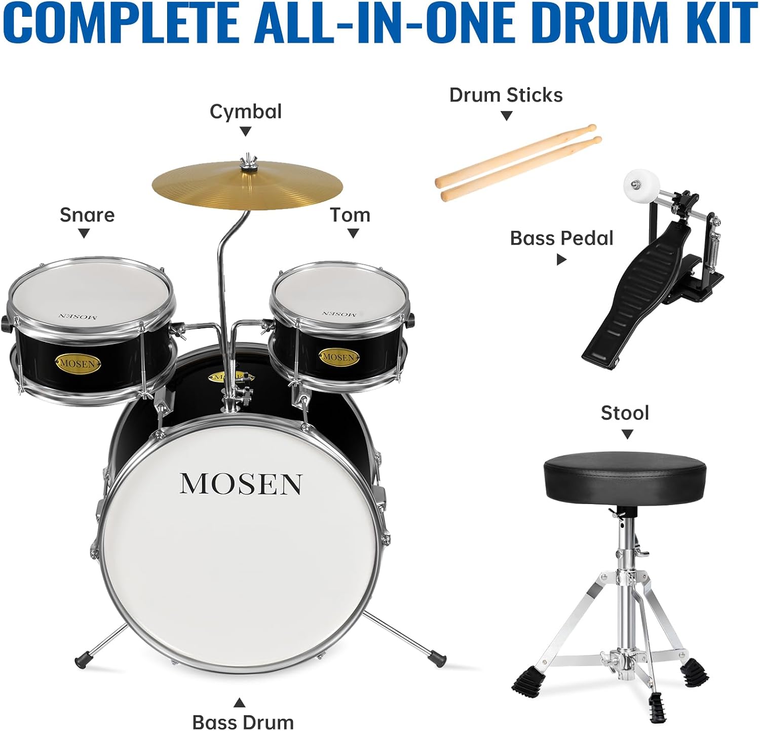 MOSEN Drum Set 3-Piece Beginner Drum Set Junior Drum Kit with Adjustable Throne, Cymbal, Pedal & Drumsticks Drums with Bass Tom Snare Drum - Black