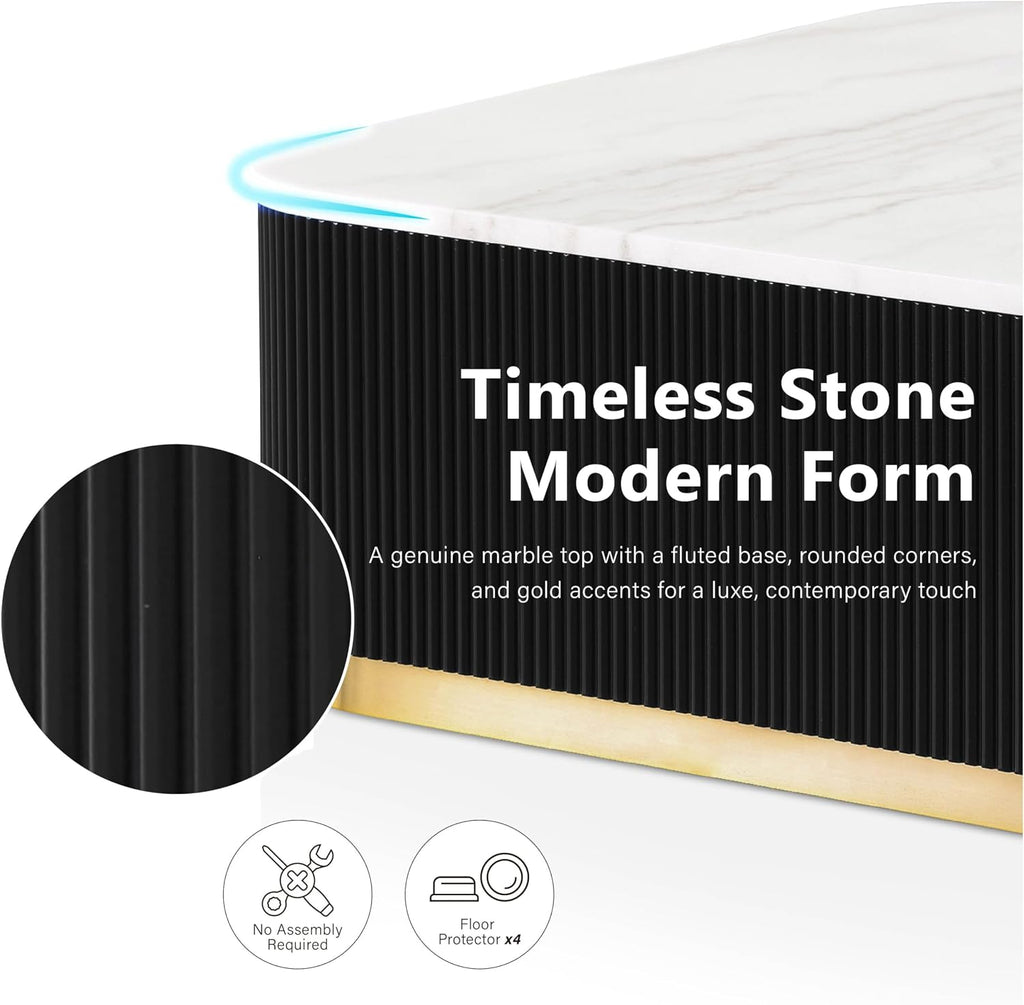 Furniture of America Beryl Modern Square White Genuine Marble Top Coffee Table with Fluted Pedestal Base and Gold Stainless Steel Accent, Low Profile Table for Living Room, Home Office, Black