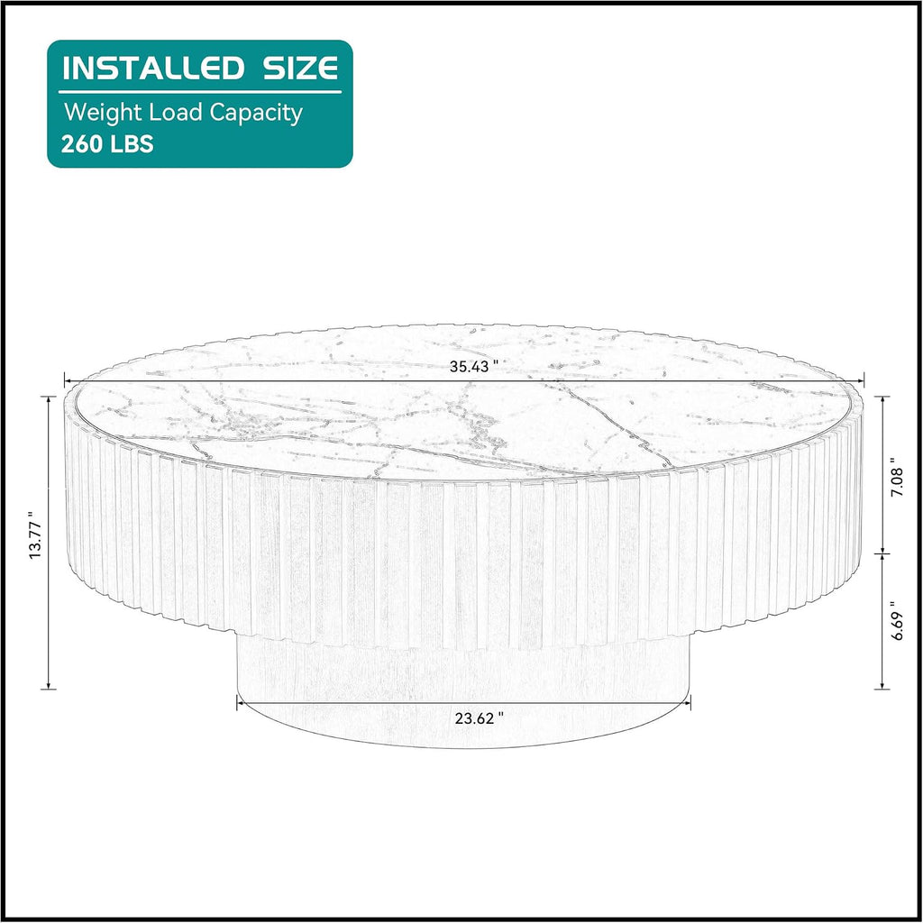 35.43'' Sintered Stone Round Coffee Table Modern Wood Coffee Table for Living Room, Contemporary Circle Fluted Drum Pedestal Stylee, Easy Assembly, Oak