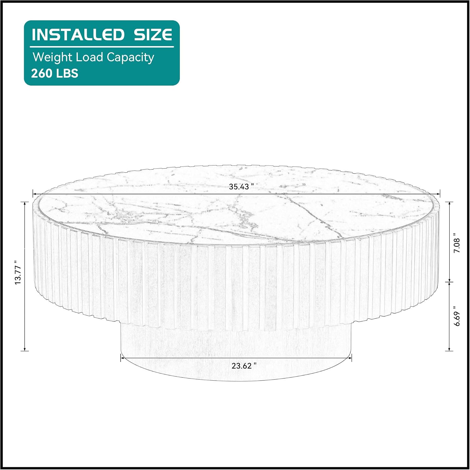 35.43'' Sintered Stone Round Coffee Table Modern Wood Coffee Table for Living Room, Contemporary Circle Fluted Drum Pedestal Stylee, Easy Assembly, Oak