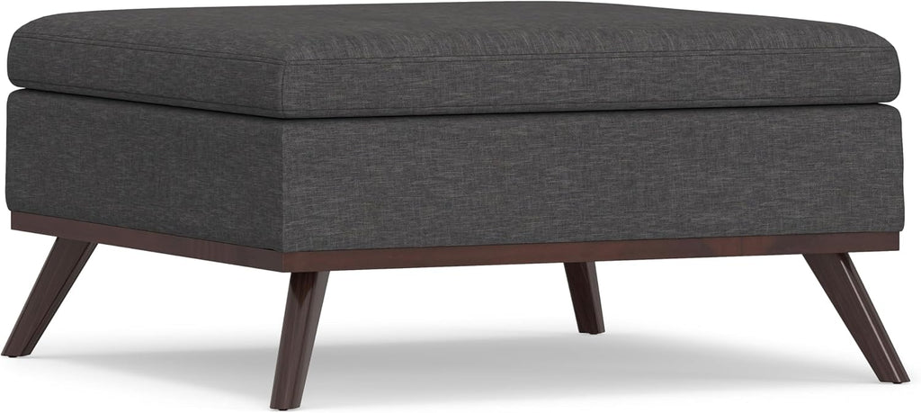 SIMPLIHOME Owen 36 inch Wide Mid Century Modern Square Coffee Table Storage Ottoman in Slate Grey Linen Look Fabric, Assembled, for the Living Room, Entryway and Family Room